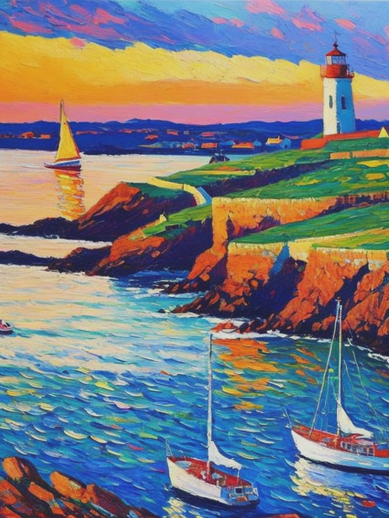 04056-2609648716-a painting of small, white yachts moored in a bay in Galicia at sunset, with a lighthouse in the background. The painting is in.png